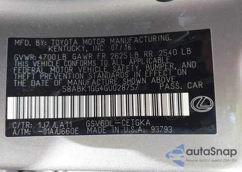 2016 Lexus Es 350 from USA, damaged, VIN 58ABK1GG4GU028757